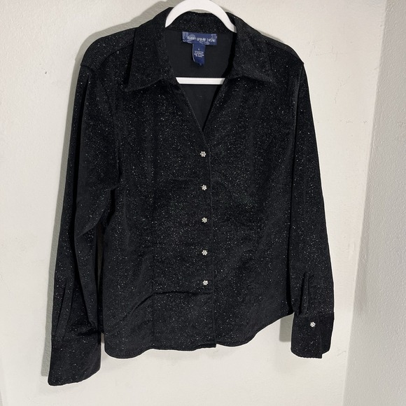 Susan Graver Tops - SUSAN GRAVER Shirt Top Women's L Black Faux Suede Glitter Rhinestone Button-Up